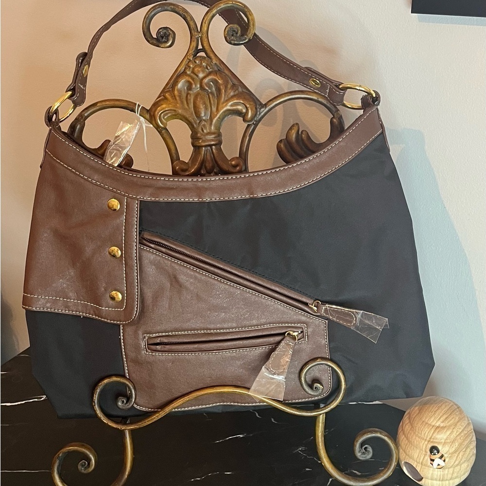 AVON Black and Brown Shoulder Bag with Zippers and Faux Leather NWOT
